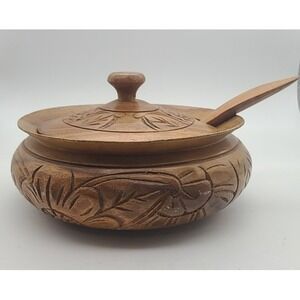 Wooden Serving Bowl Hand Carved Lid Mother Of Pearl Like Inlay 11" See Pic spoon